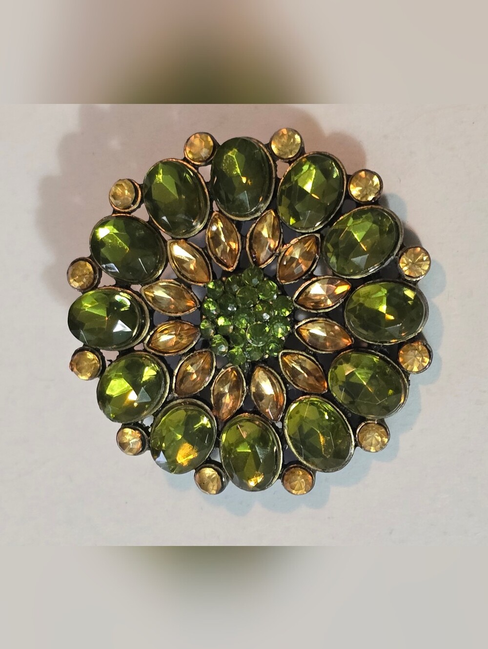 Vintage Floral Green Yelloe Rhinestone Flower Pin Brooch